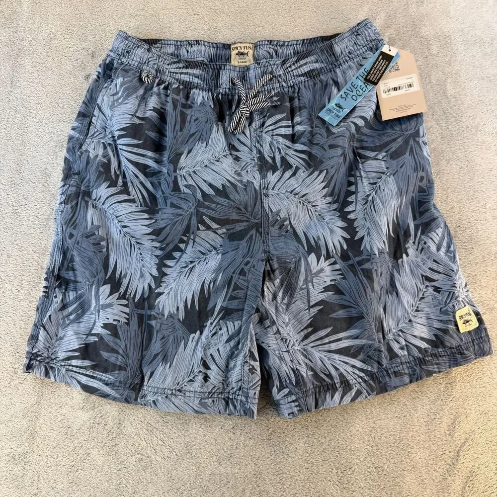 Spicy Tuna Swim Trunks Men's L Navy Gray Palm Print Board Shorts NWT Drawstring